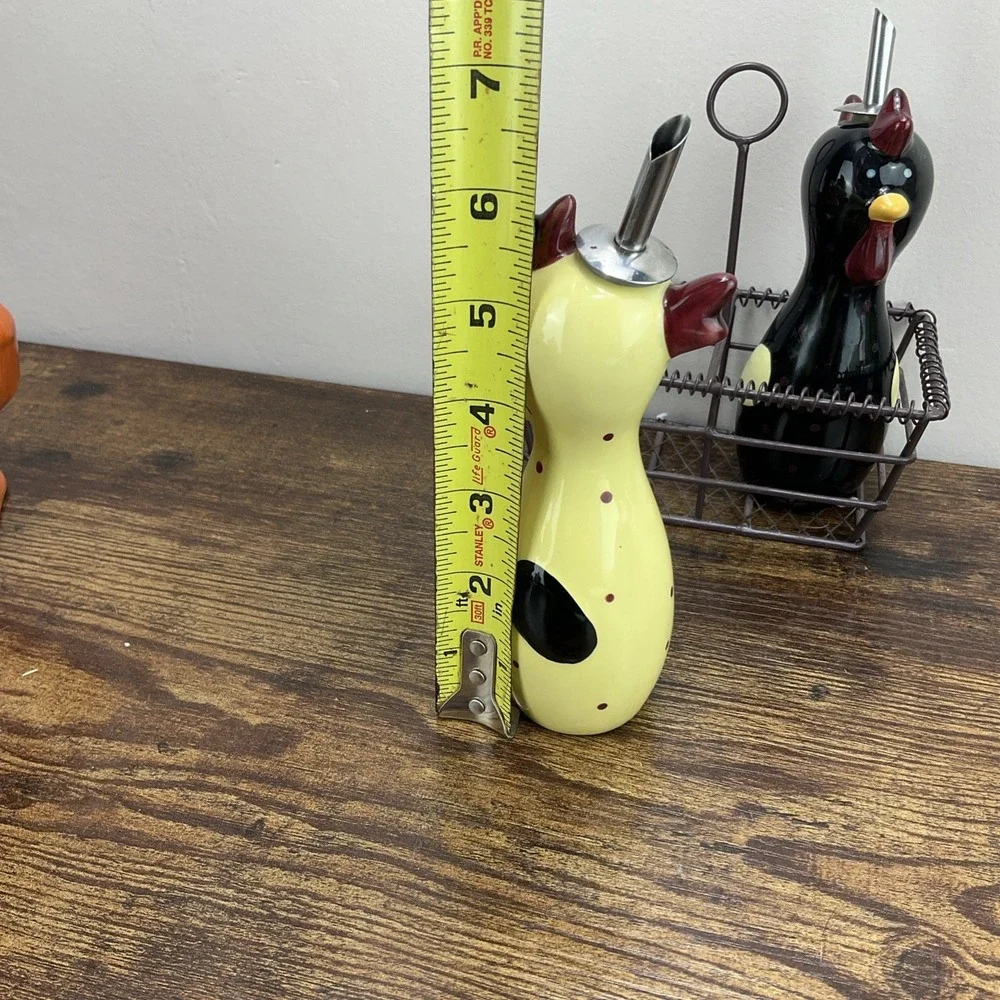 Bonne Lynn Chicken Rooster Figural Oil Vinegar Cruet Set With Basket Holder